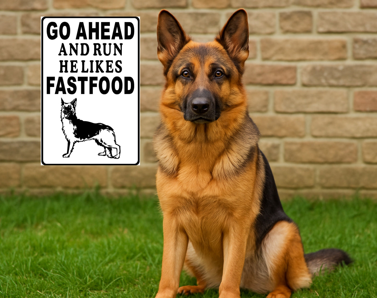 German Shepherd Metal sign Go Ahead and Run He Likes FastFood (Personalized)